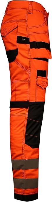 HASHOOB TRADING FZE Men’s Hi Vis Work Trousers high Visibility Cargo Workwear Soft Heavy Duty Multi Pocket Reflective Tape Pants (HV2-ORANGE1, 38W X 32L)