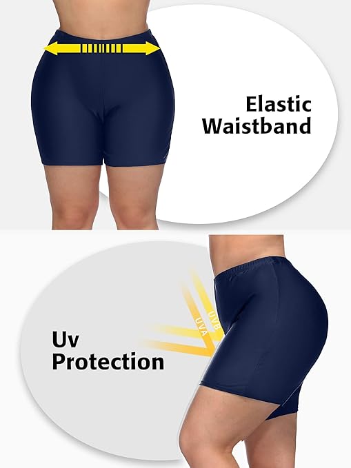High Waisted Swim Shorts for Ladies Plus Size Tummy Control Boyshorts Elastic Waistband Tankini Bottom, Navy, 3XL