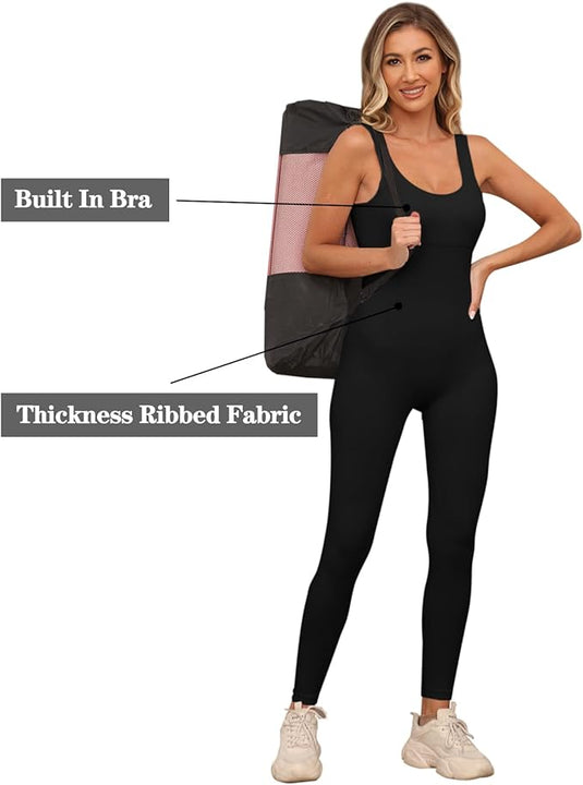 Jetjoy Women Ribbed Jumpsuit Yoga Bodycon Square Neck Sleeveless Sports Romper All In One Jumpsuit Stretchy Overall Workout Ladies Outfit Playsuit S