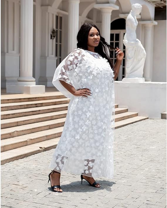 HD African Women Applique Flower Dress Boat Neck Chiffon Kaftan Dress One Size, White, One Size
