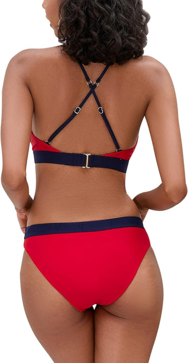 iSLASISIA Women’s Bikini Swimsuit Criss Cross Back Triangle Bikini Tie Back Bikini Set Two Piece Swimsuits (Red & Blue,UK8)