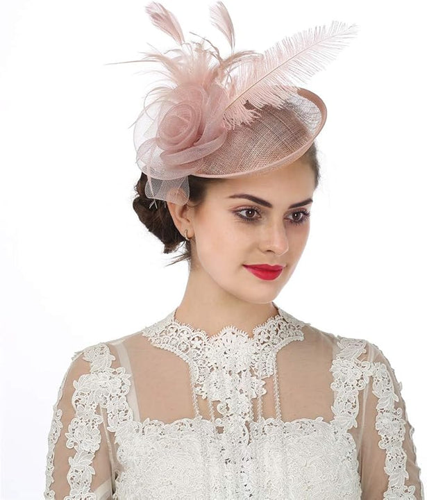 Sinamay Flower Feather Headband Fascinator Wedding Headwear Ladies Race Royal Ascot Pillbox Wedding Cocktail Tea Party Derby Hat for Women (A4-Light Pink)