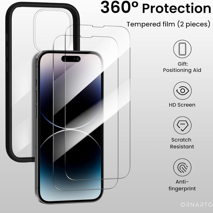 ORNARTO Compatible with iPhone 14 Pro Case 6.1",Bumper Case with 2 x Screen Protector Liquid Silicone Gel Rubber Case Full Body Protection Removable Clear Back Cover for iPhone 14 Pro-Black