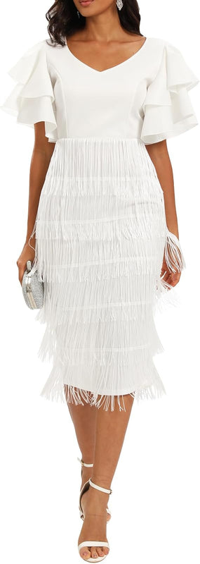 VERWIN Women's Fringe Maxi Dress High Waist V Neck Tiered Tassels Dress Ruffles Sleeve Bodycon Prom Dress M White