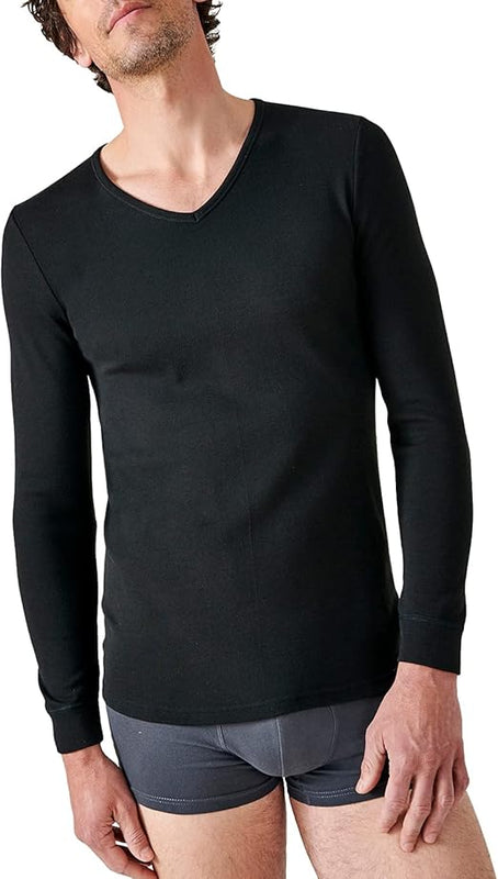 Damart Men's T-Shirt Col V, Maille Interlock Thermolactyl Thermal Top, Black, M