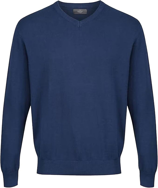Castle Point Mens Cspknt003 Herren-strickpullover Mit Rundhalsausschnitt Cotton Soft Touch V Neck Knitted Jumper Sweater, Denim, XXL