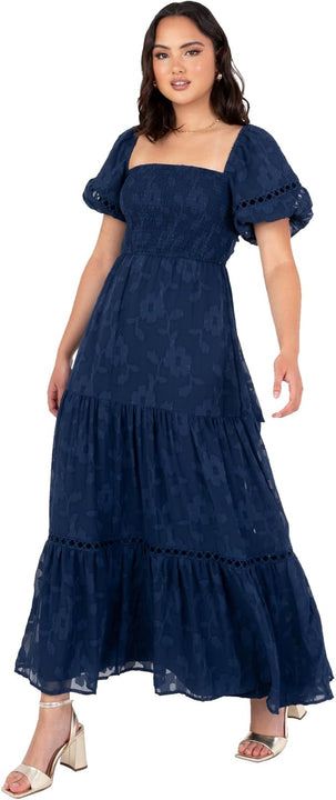 Lovedrobe Women's Maxi Dress Ladies Square Neckline Puff Sleeve Tiered Hem Floral Chiffon Shirred A-line Tie Back Milkmaid, Navy Blue 10