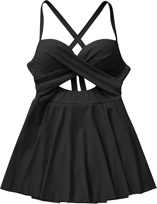 DOULAFASS Women Cut Out Swimming Costume with Skirt V Neck Wrap Tie Back Tummy Control Swimsuit Padded One Piece Swimwear Swim Dress Black, XL