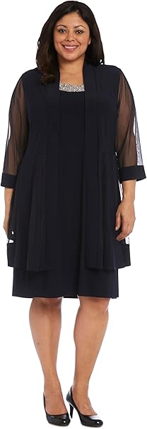 R&M Richards Women's 2 Piece Mesh Panel Beaded Neck Jacket Dress Plus, Navy, 20