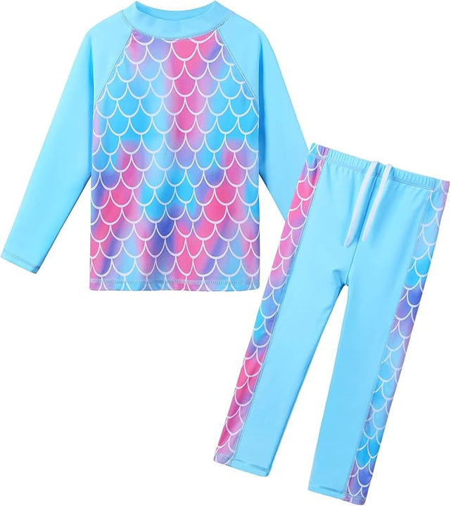 ZNYUNE Girls' Two-Piece Swimsuit, Fabric Print, Children's Swimwear, Long Sleeves + Trousers, Swimsuit, Mermaid Blue, 11-12 Years