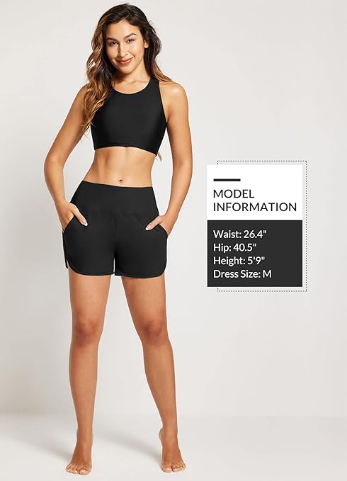 BALEAF Swim Shorts Womens Tummy Control High Waisted Swimming Board Shorts with Pockets Liner Quick Dry 3'' UPF 50+