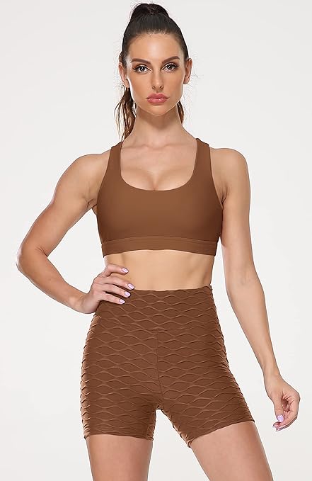 icyzone Strappy Sports Bra for Women - Gym Workout Yoga Bra with Removable Cups (L, Brown)