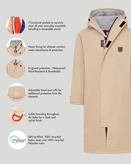 D-Robe Beaufort Outdoor Robe with Fleece Lining & Adjustable Hood, Waterproof & Windproof Oversized Coat, Beach Changing Robe (UK, Alpha, M, Regular, Regular, Warm Sand)
