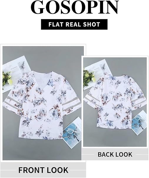 GOSOPIN Womens Floral Printed Blouses V-Neck Summer Casual 3/4 Sleeves Shirt Tops White UK 10