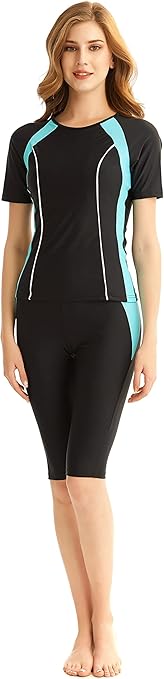 TianMaiGeLun Muslim Swimwear Swimsuit, Full Cover Modest Muslim Swimwear, Beachwear Burkini Short Sleeve Tops and Pants, 2 Piece Modest Swimwear Sets, Blue 1, XL