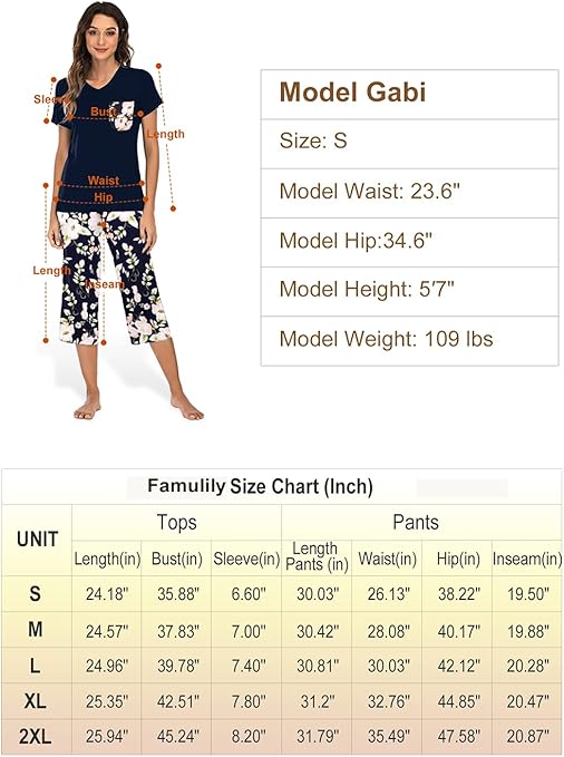 Famulily Pyjamas women Ladies 3/4 Short pjs Summer Nightware Womens Floral Cotton Pyjamas Dark Blue XL