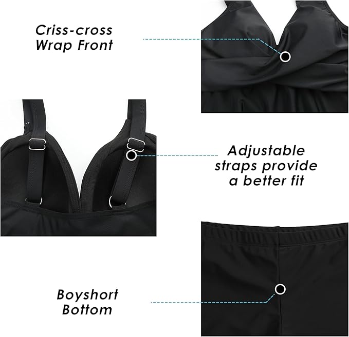 Adigaber Women Two Piece Bathing Suit Top Cross Floral Printed Swim Dress Tummy Control Tankini with Boyshorts,Black,L