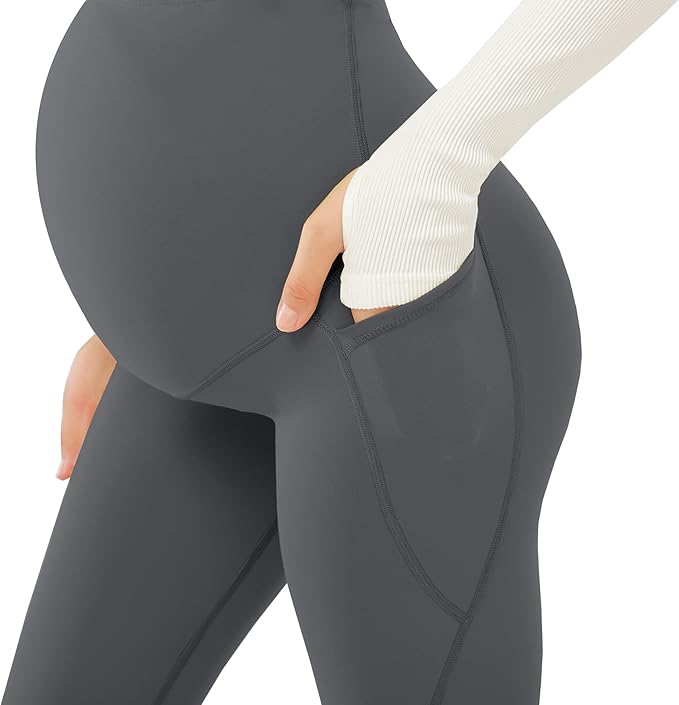 JOYSPELS Maternity Leggings Over The Belly with Pockets Non-See-Through Workout Pregnancy Leggings, Grey, Large