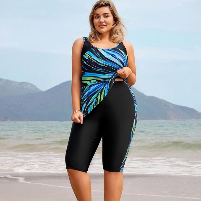 Hanna Nikole Ladies Tankini Swimwear Sets 2 Piece Ruched Tummy Control Cut-Out Front Sexy Swimwear Blue Stripes 20W