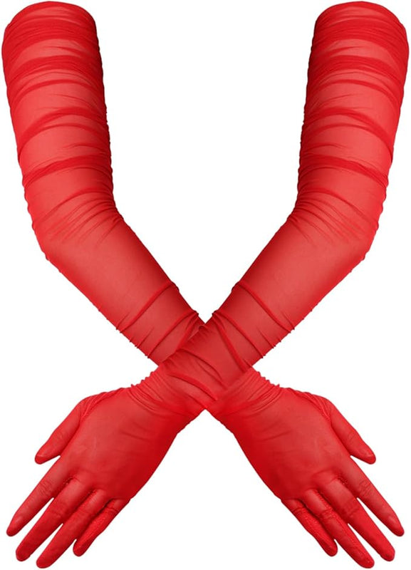 TOYMIS Women's Super Long Gloves, 1920s Sexy Sheer Gloves Elegant Long Opera Gloves Mesh Tulle Gloves Dance Gloves (red)