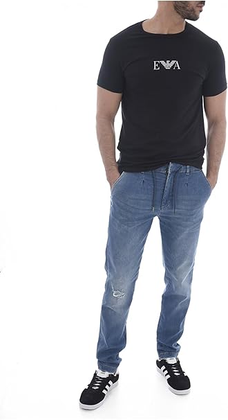 Emporio Armani Mens Essential Monogram With Crew Neck T-Shirt, Black/Black, XL UK