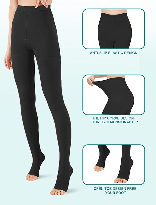 Evolyline Medical Compression Tights for Women & Men 15-20mmHg, Open Toe Compression Pantyhose Opaque Graduated Support Tights Compression Stockings for Varicose Veins Edema Flight Nursing, Black, 3XL