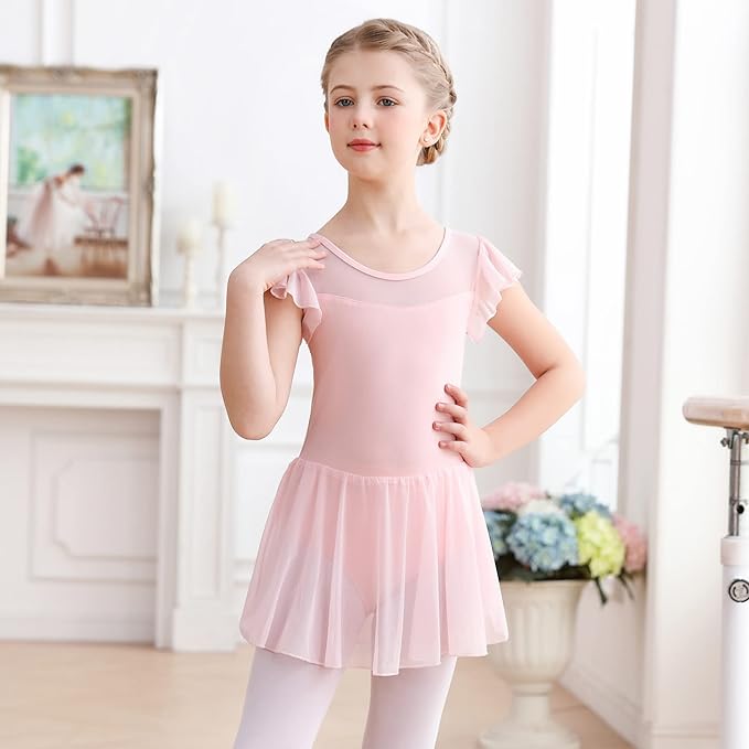 Aiseyi Ballet Dress for Girls Short Ruffled Sleeve Ballet Leotard Kids Cotton Ballet Outfit Dance Leotards with Mesh Skirt 3-4 Years Pink