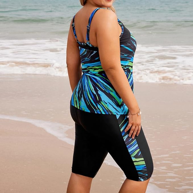 Hanna Nikole Ladies Tankini Swimwear Sets 2 Piece Ruched Tummy Control Cut-Out Front Sexy Swimwear Blue Stripes 20W