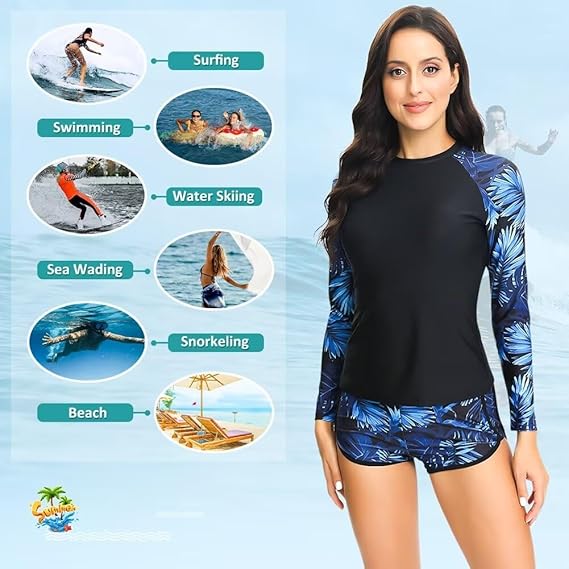 Sillictor Rash Vest Women Swimming Tops UV Womens Swim Shorts and Top Set Ladies 2 Piece Long Sleeve Swimsuits for Women Rash Guard Shirts with Build in Bra for Surfing,Quick Dry 2304