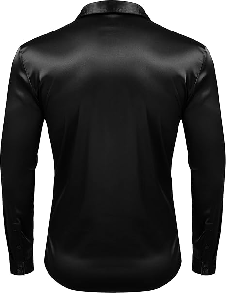 URRU Men's Luxury Shiny Silk Like Satin Dress Shirt Long Sleeve Casual Slim Fit Muscle Button Up Shirts Black L