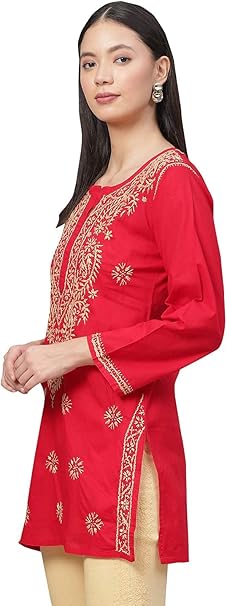 Ada Indian Hand Embroidered Ethnic Chikankari Women's Cotton Top Tunic Shirt Blouse A250381, red, XL