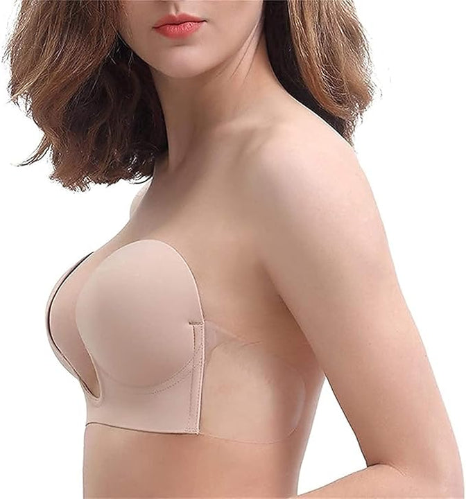 Bontierie Women's Push Up Plunge Adhesive Deep U-Shaped Sticky Bra, Strapless Backless Breast Lifting Bra, Beige, D