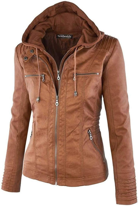 Newbestyle Faux Leather Jacket for Women Hooded Moto Biker Jacket Full-zip Long Sleeve Outwear Tops Brown XL