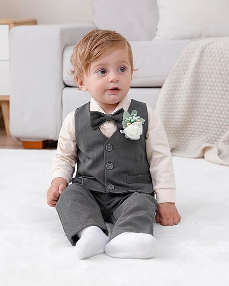 SOLOYEE Baby Boys Formal Suit, Infant Gentleman Wedding Outfit Newborn Bodysuit + Pants + Waistcoat + Bow Tie + Corsage Christening Clothes 5Pcs Set (Grey, 6-12 Months)