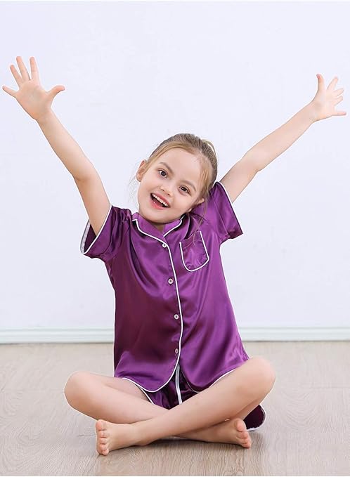 Alcea Rosea Kids Short Sleeve Silky Satin Pajama Set Button-Down Sleepwear Pajama Shorts Nightwear110-150(Purple,kids-120cm-5-6years)