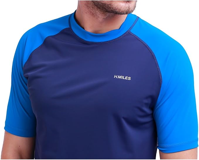H.MILES Men's Rash Vest Short Sleeve Male Adults Rashguard Swim Base Layer Snorkeling Swimming Surfing Tops Diving Beach T-shirt DK Navy/DK Blue L