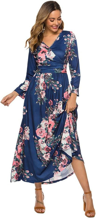 Women's Casual Floral Printed Long Maxi Dress with Pockets Long Sleeve Dresses Navy XXL