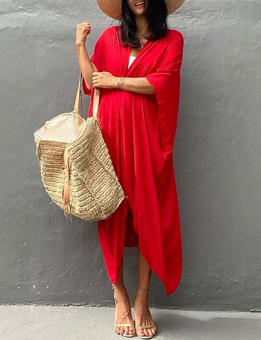 Bsubseach Women Solid Red Long Beach Swimsuit Cover Ups for Swimwear Sexy Bikini Beach Kimono Cardigan, Red, XXL