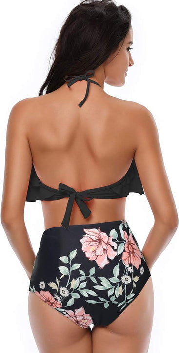 TEERFU Womens Swimwear High Waisted Padded Halter Beach Bathing Suits Bikini Set, Black, XL (18-20)
