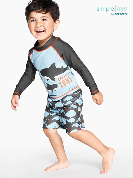 Simple Joys by Carter's Baby Boys' Swimsuit Trunk and Rashguard Set Rash Guard, Black/Sky Blue Whales, 18 Months