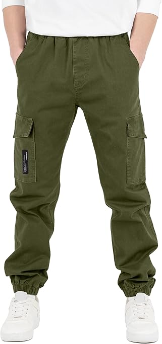 CAMLAKEE Children's Trousers, Cargo Joggers with Elastic Waist, Army, 14-16 Years