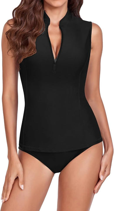 WOWENY Women's Sleeveless Rash Guard Tankini with 1/4 Zip, BL, L
