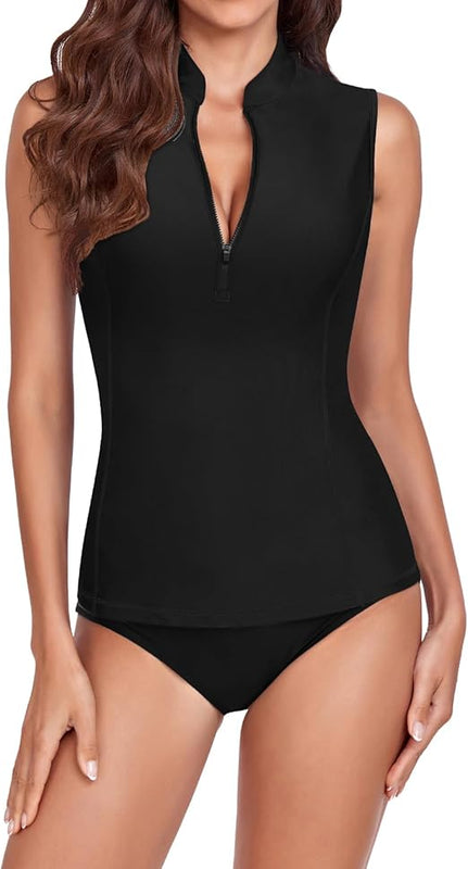 WOWENY Women's Sleeveless Rash Guard Tankini with 1/4 Zip, BL, L