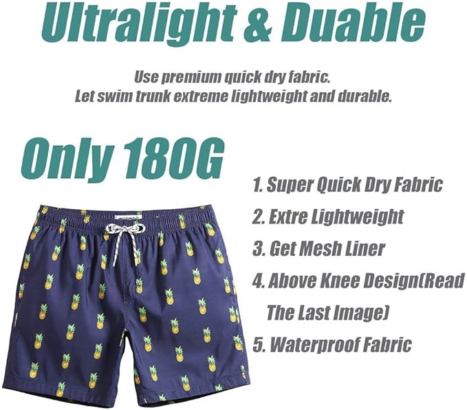 MaaMgic Mens Quick Dry Pineapple Swim Trunks with Mesh Lining Swimwear Bathing Suits, Navy Blue1, XX-Large ( Waist:37 inch-39 inch )