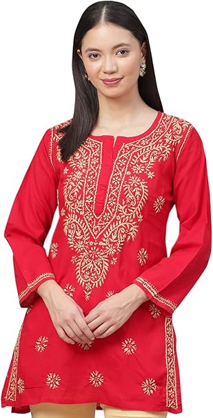 Ada Indian Hand Embroidered Ethnic Chikankari Women's Cotton Top Tunic Shirt Blouse A250381, red, XL