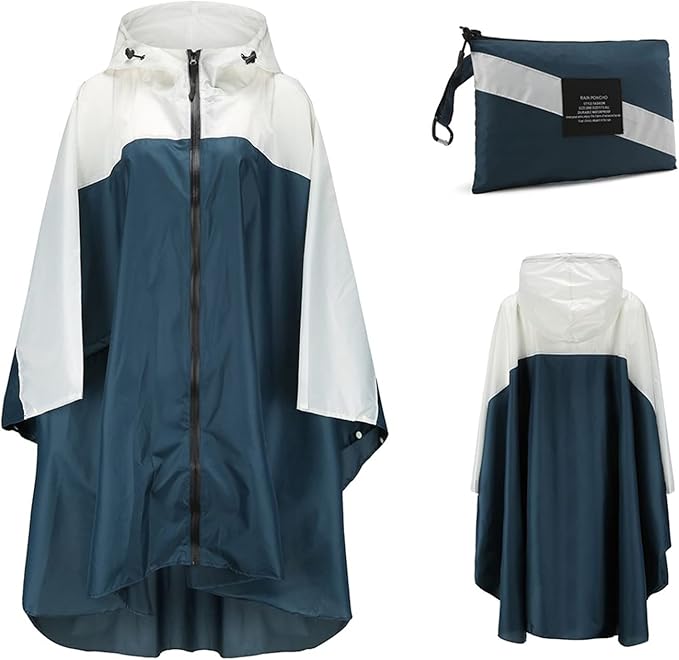 Freiesoldaten Women's Waterproof Rain Poncho, Stylish, Reusable, Lightweight, Outdoor Raincoat, Rain Jacket with Hood, white-blue, One Size Plus