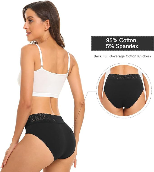 Wealurre Cotton Underwear Women Lace Waistband Full Briefs Ladies High Leg Knickers for Women Soft Stretch Panties Multipack 5 (X-Large, Black)