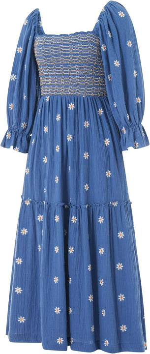 Yoisdtxc Women 's Smocked Square Neck A Line Flowy Maxi Long Dress Flower Print Half Sleeves Backless Embroidery Loose Swing Dress (Dark Blue, M)