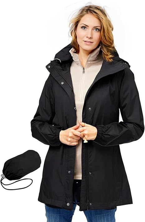 Victoper Waterproof Jackets Womens, Lightweight Windproof Portable Raicoats for women Quick Dry Two Pockets Packable Rain Jacket for Ladies Suitable for Outdoor Travel Hiking Camping Black, M