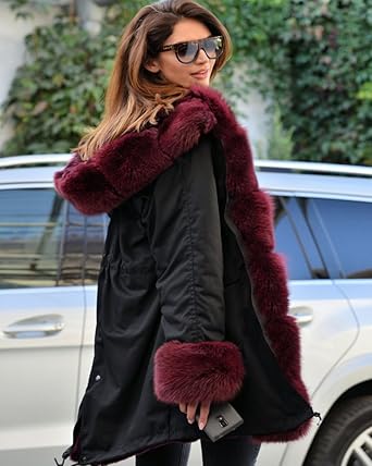 Roiii Women Winter Warm Thick Faux Fur Coat Hood Parka Long Jacket Size 8-20 (12, Wine Red)